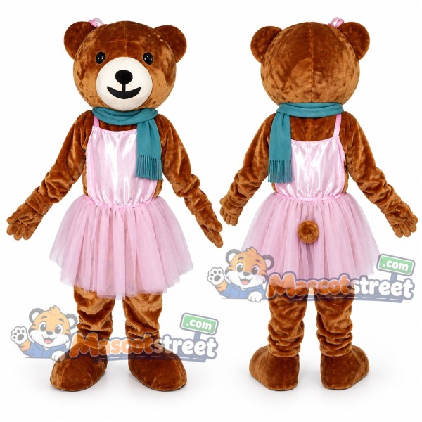 Brown Bear Mascot Costume with Pink Dress and Teal Scarf