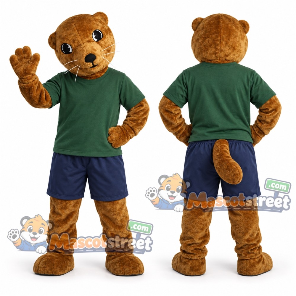 Brown Groundhog Mascot Costume with Green Shirt and Navy Shorts