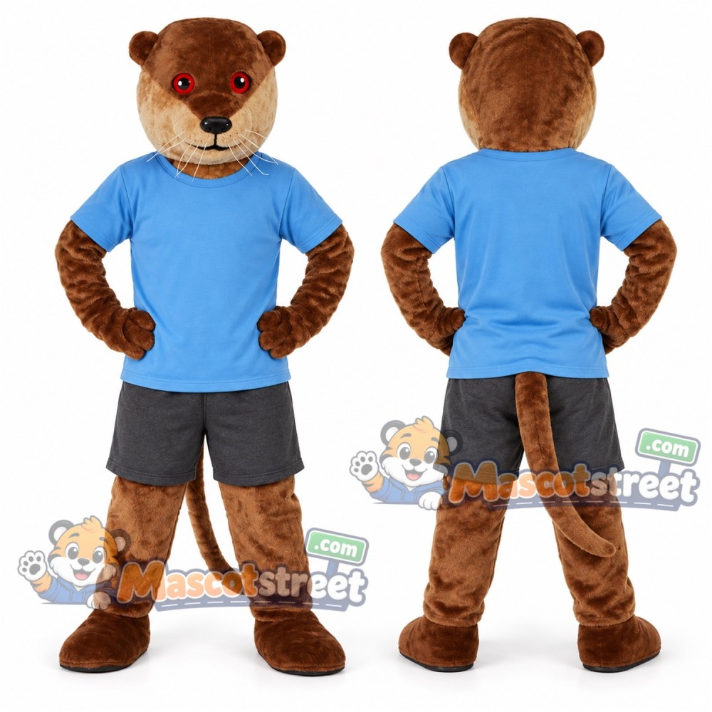 Brown Otter Mascot Costume with Blue Shirt and Gray Shorts