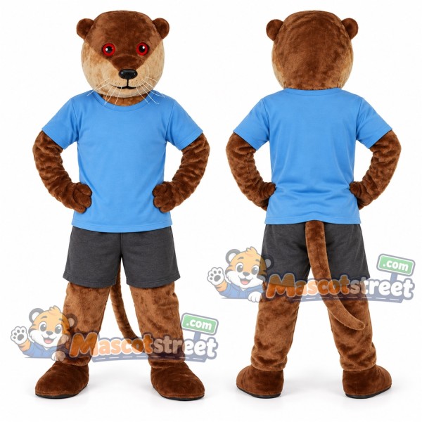 Brown Otter Mascot Costume with Blue Shirt and Gray Shorts