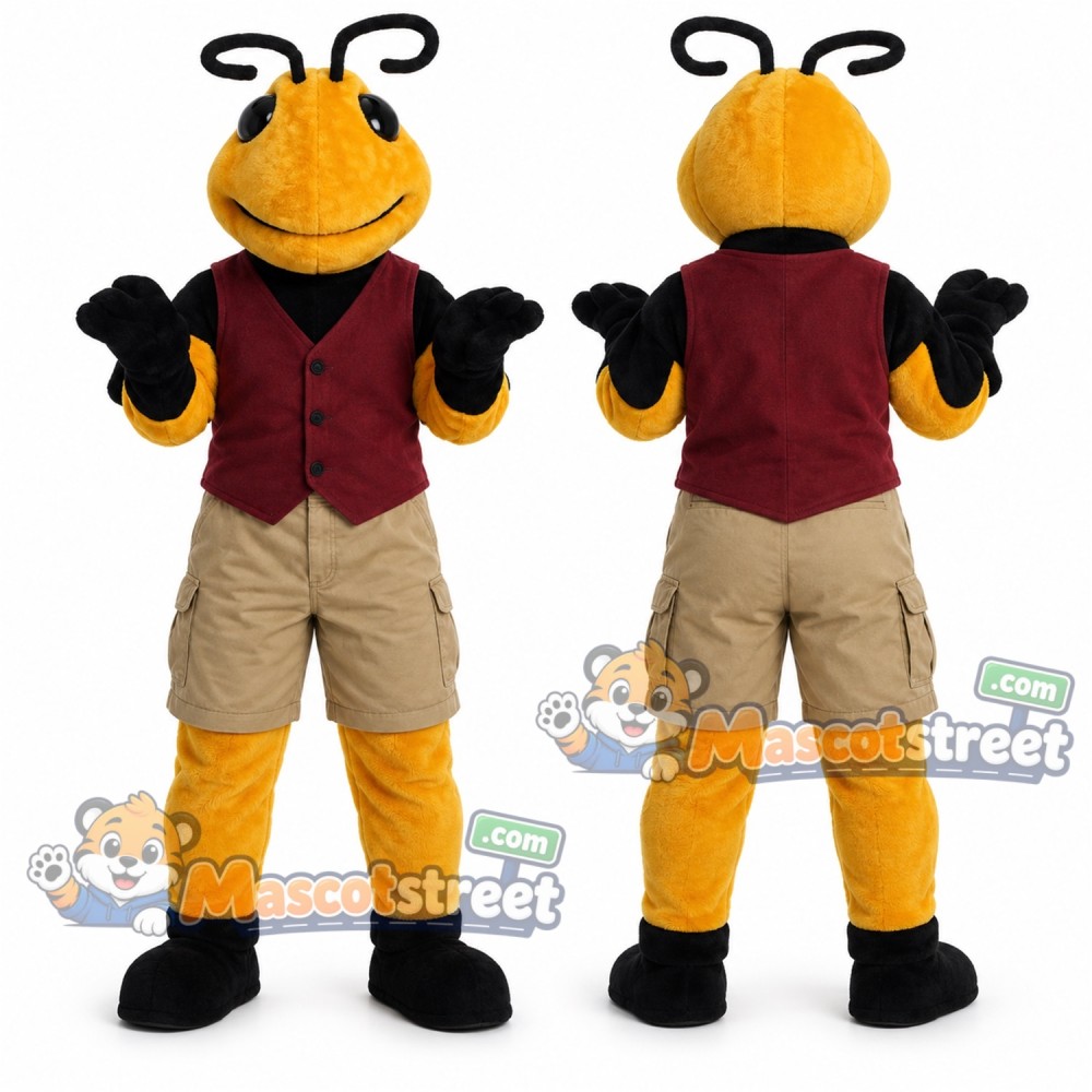 Yellow Bee Mascot Costume with Burgundy Vest and Beige Shorts Yellow Bee Mascot Costume with Burgundy Vest and Beige Shorts