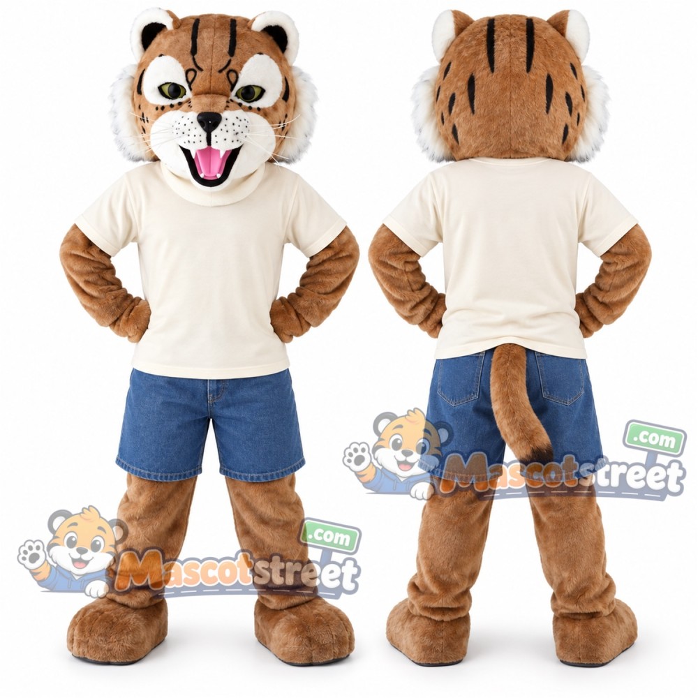 Tan Wildcat Mascot Costume with Cream Shirt and Blue Shorts