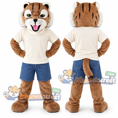 Tan Wildcat Mascot Costume with Cream Shirt and Blue Shorts