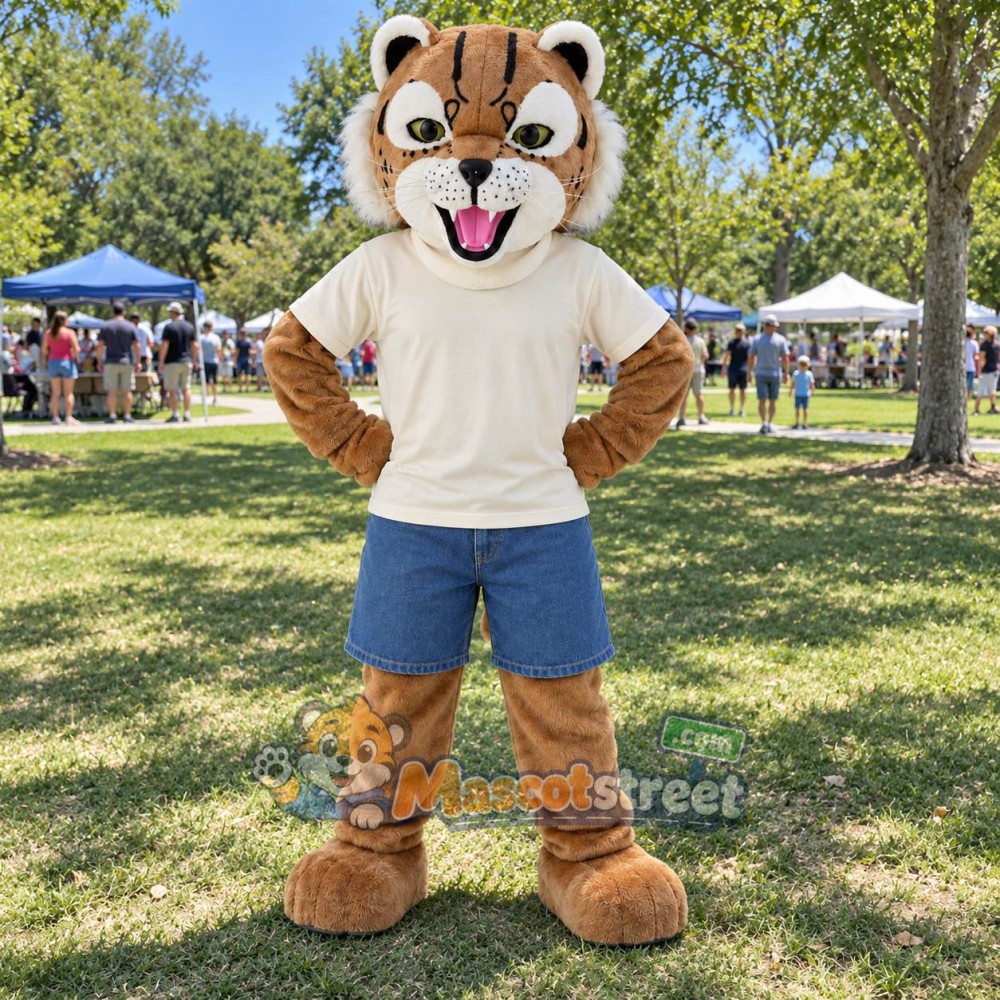 Tan Wildcat Mascot Costume with Cream Shirt and Blue Shorts
