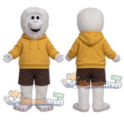 White Yeti Mascot Costume with Yellow Hoodie and Brown Shorts White Yeti Mascot Costume with Yellow Hoodie and Brown Shorts