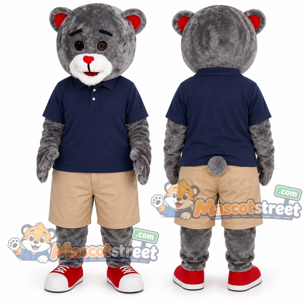 Gray Bear Mascot Costume with Navy Polo Shirt and Beige Shorts