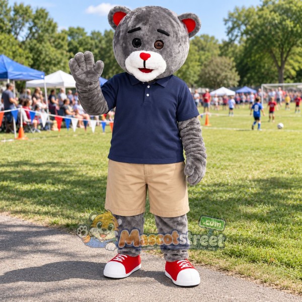 Gray Bear Mascot Costume with Navy Polo Shirt and Beige Shorts