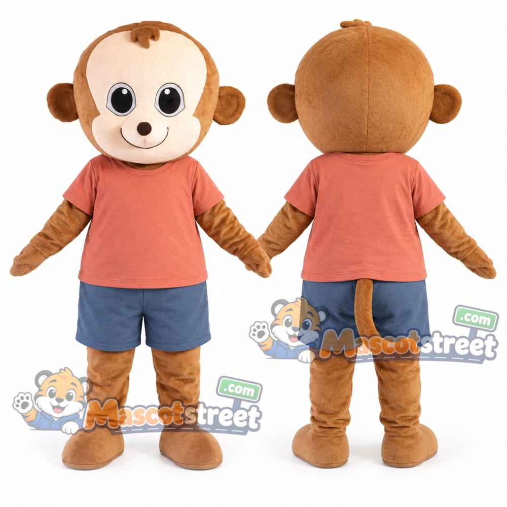 Brown Monkey Mascot Costume with Coral Shirt and Blue Shorts Brown Monkey Mascot Costume with Coral Shirt and Blue Shorts
