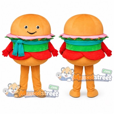 Hamburger Mascot Costume with Teal Scarf Hamburger Mascot Costume with Teal Scarf
