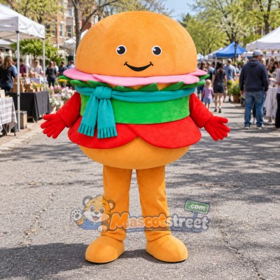 Hamburger Mascot Costume with Teal Scarf Hamburger Mascot Costume with Teal Scarf