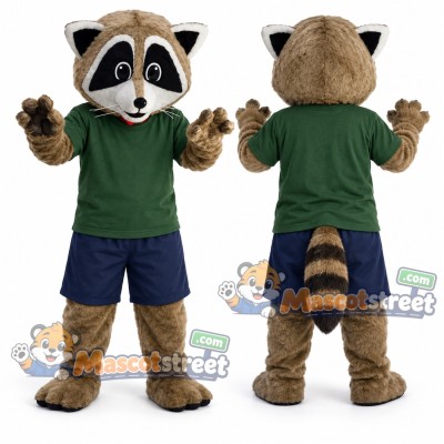 Brown Raccoon Mascot Costume with Green Shirt and Navy Shorts Brown Raccoon Mascot Costume with Green Shirt and Navy Shorts