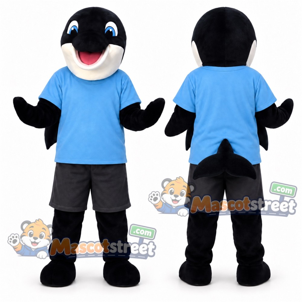 Black and White Orca Mascot Costume with Blue Shirt and Gray Shorts Black and White Orca Mascot Costume with Blue Shirt and Gray Shorts
