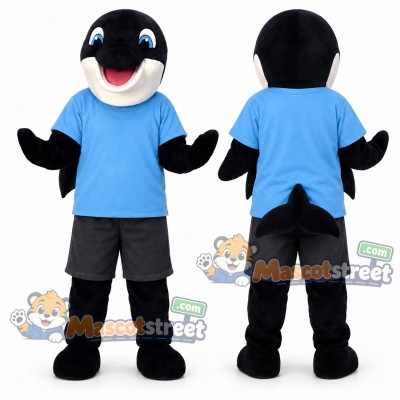Black and White Orca Mascot Costume with Blue Shirt and Gray Shorts Black and White Orca Mascot Costume with Blue Shirt and Gray Shorts