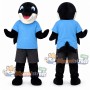 Black and White Orca Mascot Costume with Blue Shirt and Gray Shorts