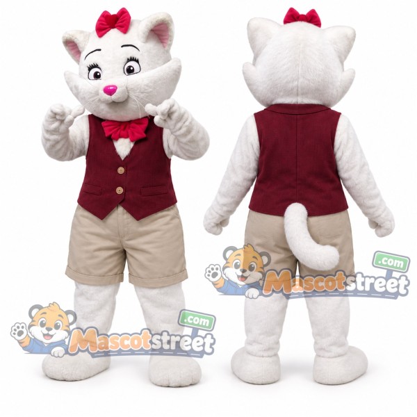 White Cat Mascot Costume with Burgundy Vest and Beige Shorts