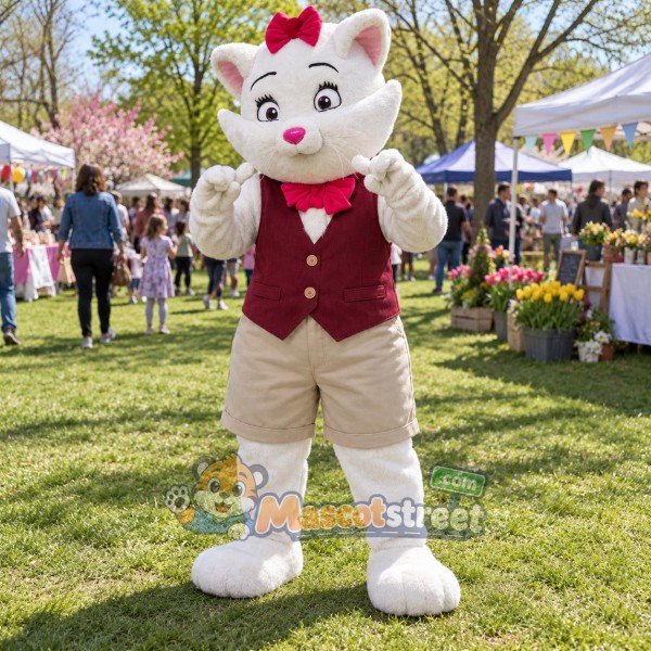 White Cat Mascot Costume with Burgundy Vest and Beige Shorts
