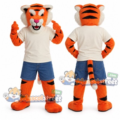 Orange Tiger Mascot Costume with Cream Shirt and Blue Shorts