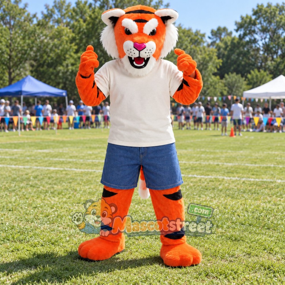 Orange Tiger Mascot Costume with Cream Shirt and Blue Shorts Orange Tiger Mascot Costume with Cream Shirt and Blue Shorts