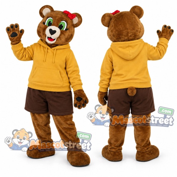 Brown Bear Mascot Costume with Yellow Hoodie and Brown Shorts