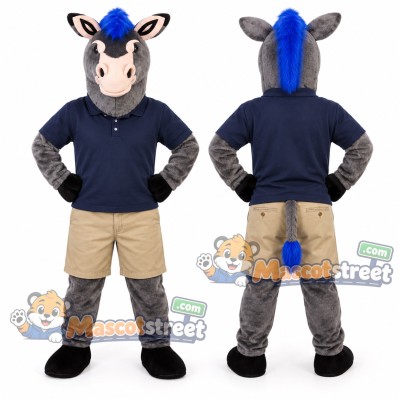 Gray Donkey with Blue Mane Mascot Costume with Navy Polo Shirt and Beige Shorts Gray Donkey with Blue Mane Mascot Costume with Navy Polo Shirt and Beige Shorts