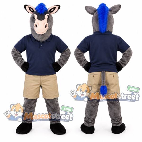 Gray Donkey with Blue Mane Mascot Costume with Navy Polo Shirt and Beige Shorts