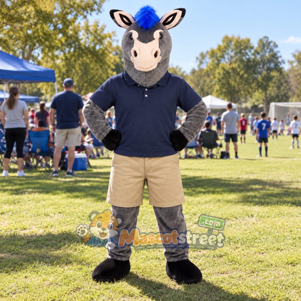 Gray Donkey with Blue Mane Mascot Costume with Navy Polo Shirt and Beige Shorts Gray Donkey with Blue Mane Mascot Costume with Navy Polo Shirt and Beige Shorts