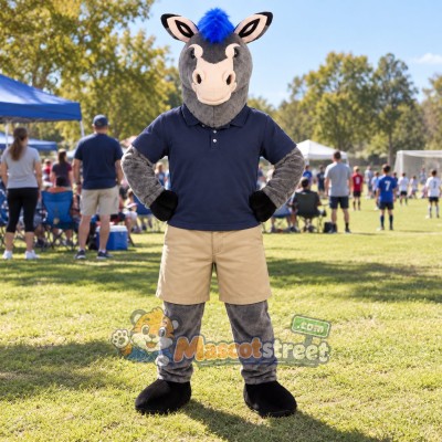 Gray Donkey with Blue Mane Mascot Costume with Navy Polo Shirt and Beige Shorts Gray Donkey with Blue Mane Mascot Costume with Navy Polo Shirt and Beige Shorts