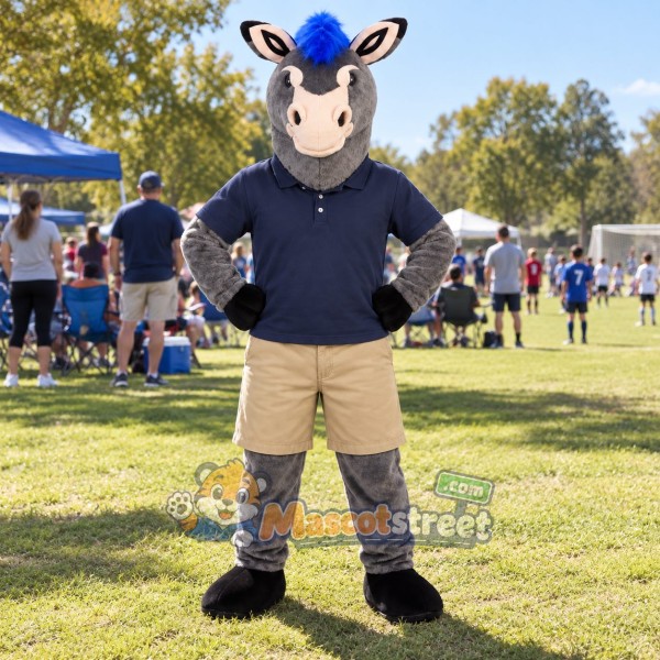 Gray Donkey with Blue Mane Mascot Costume with Navy Polo Shirt and Beige Shorts Gray Donkey with Blue Mane Mascot Costume with Navy Polo Shirt and Beige Shorts
