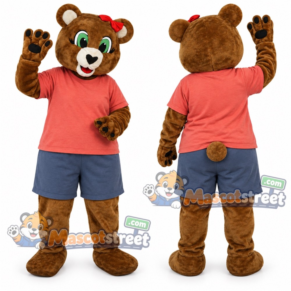 Brown Bear Mascot Costume with Coral Shirt and Blue Shorts Brown Bear Mascot Costume with Coral Shirt and Blue Shorts