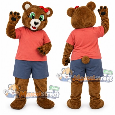 Brown Bear Mascot Costume with Coral Shirt and Blue Shorts Brown Bear Mascot Costume with Coral Shirt and Blue Shorts
