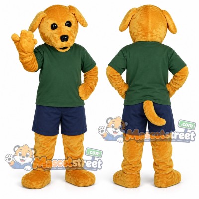 Golden Dog Mascot Costume with Green Shirt and Navy Shorts