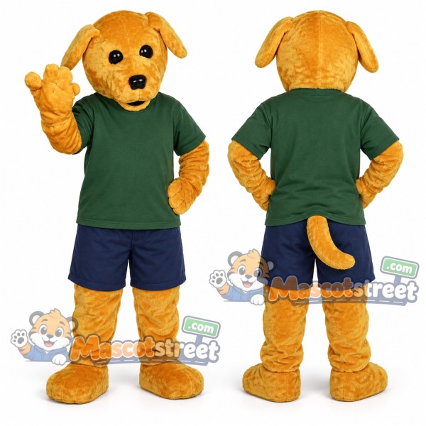 Golden Dog Mascot Costume with Green Shirt and Navy Shorts