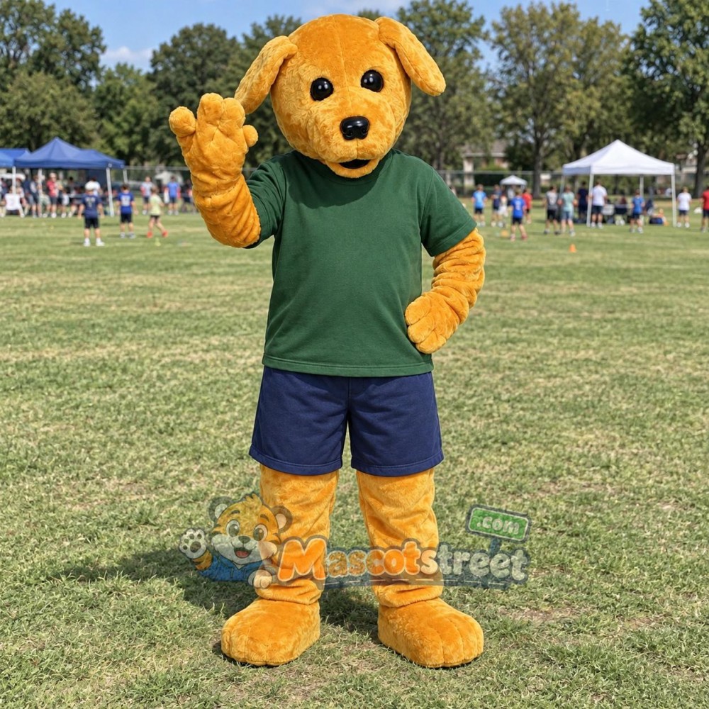 Golden Dog Mascot Costume with Green Shirt and Navy Shorts