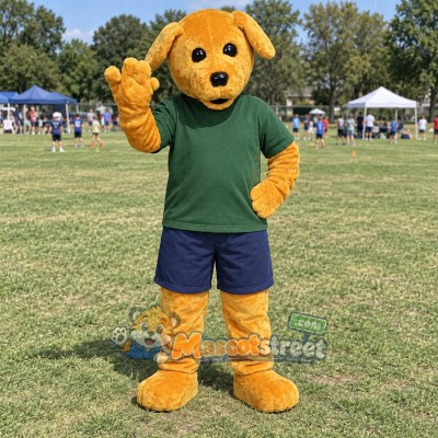 Golden Dog Mascot Costume with Green Shirt and Navy Shorts