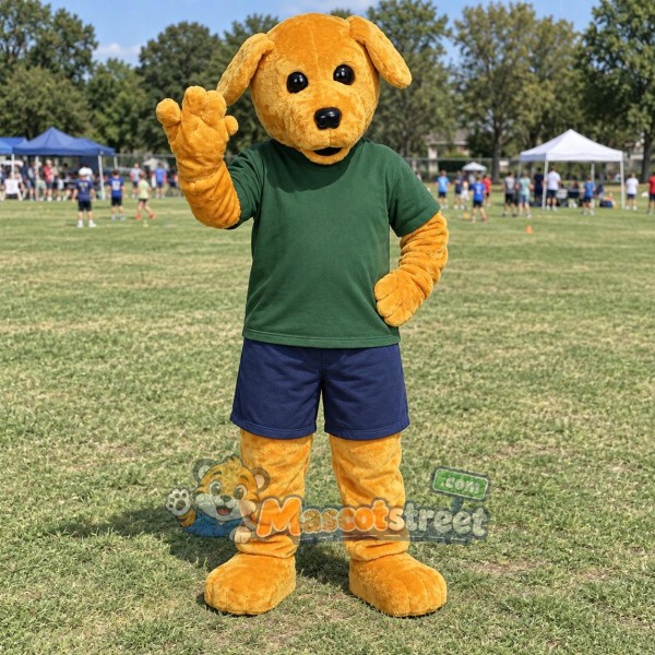 Golden Dog Mascot Costume with Green Shirt and Navy Shorts