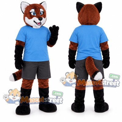 Red Panda Mascot Costume with Blue Shirt and Gray Shorts Red Panda Mascot Costume with Blue Shirt and Gray Shorts