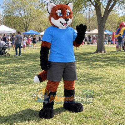 Red Panda Mascot Costume with Blue Shirt and Gray Shorts Red Panda Mascot Costume with Blue Shirt and Gray Shorts