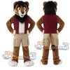 Brown Lion Mascot Costume with Burgundy Vest and Beige Shorts