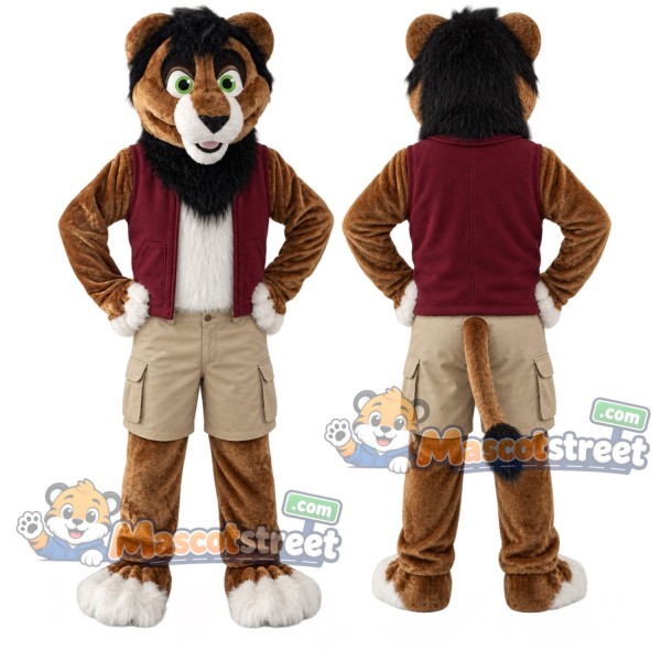 Brown Lion Mascot Costume with Burgundy Vest and Beige Shorts