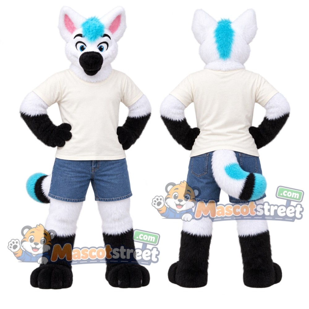 White and Blue Canine Mascot Costume with Cream Shirt and Blue Shorts