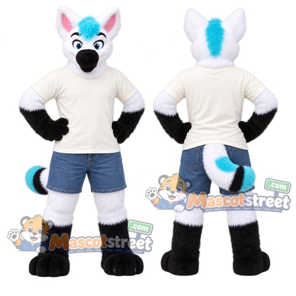 White and Blue Canine Mascot Costume with Cream Shirt and Blue Shorts