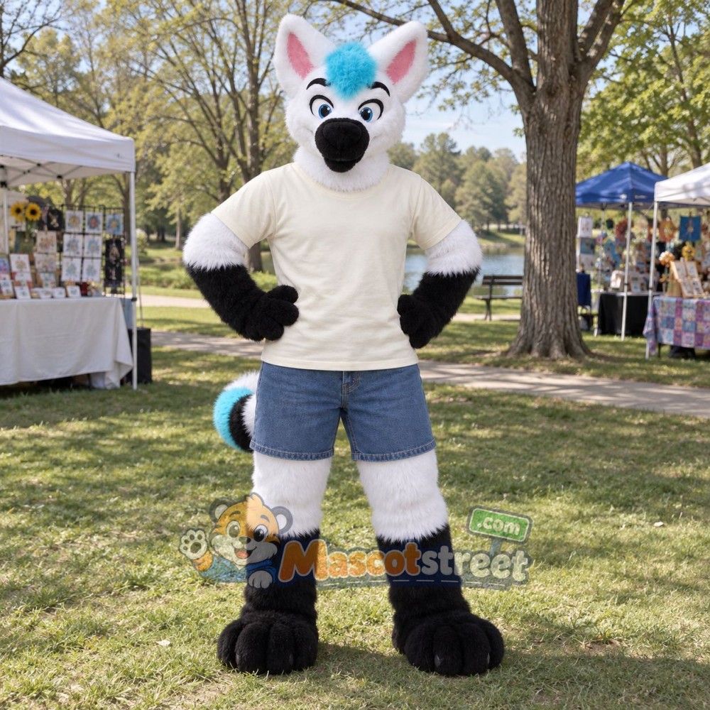 White and Blue Canine Mascot Costume with Cream Shirt and Blue Shorts White and Blue Canine Mascot Costume with Cream Shirt and Blue Shorts