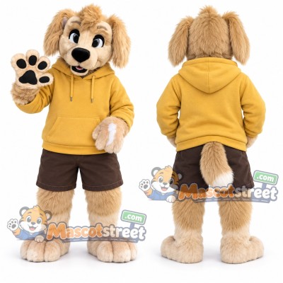 Tan Dog Mascot Costume with Yellow Hoodie and Brown Shorts Tan Dog Mascot Costume with Yellow Hoodie and Brown Shorts