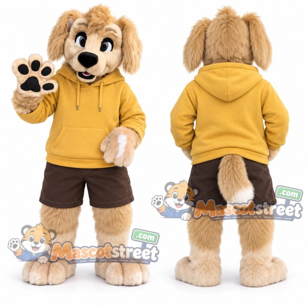 Tan Dog Mascot Costume with Yellow Hoodie and Brown Shorts