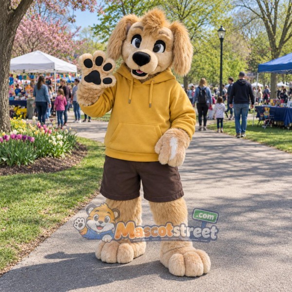 Tan Dog Mascot Costume with Yellow Hoodie and Brown Shorts