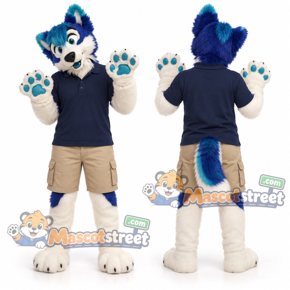 Blue and White Wolf Mascot Costume with Navy Polo Shirt and Beige Shorts Blue and White Wolf Mascot Costume with Navy Polo Shirt and Beige Shorts