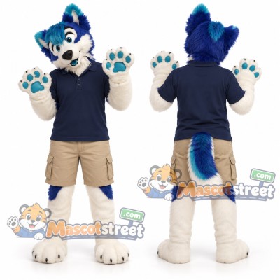 Blue and White Wolf Mascot Costume with Navy Polo Shirt and Beige Shorts Blue and White Wolf Mascot Costume with Navy Polo Shirt and Beige Shorts