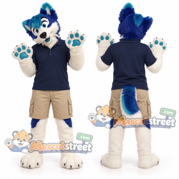 Blue and White Wolf Mascot Costume with Navy Polo Shirt and Beige Shorts