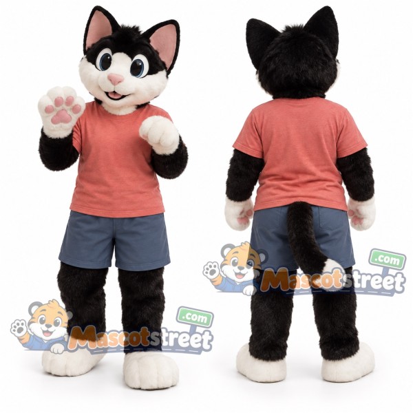Black and White Cat Mascot Costume with Coral Shirt and Blue Shorts