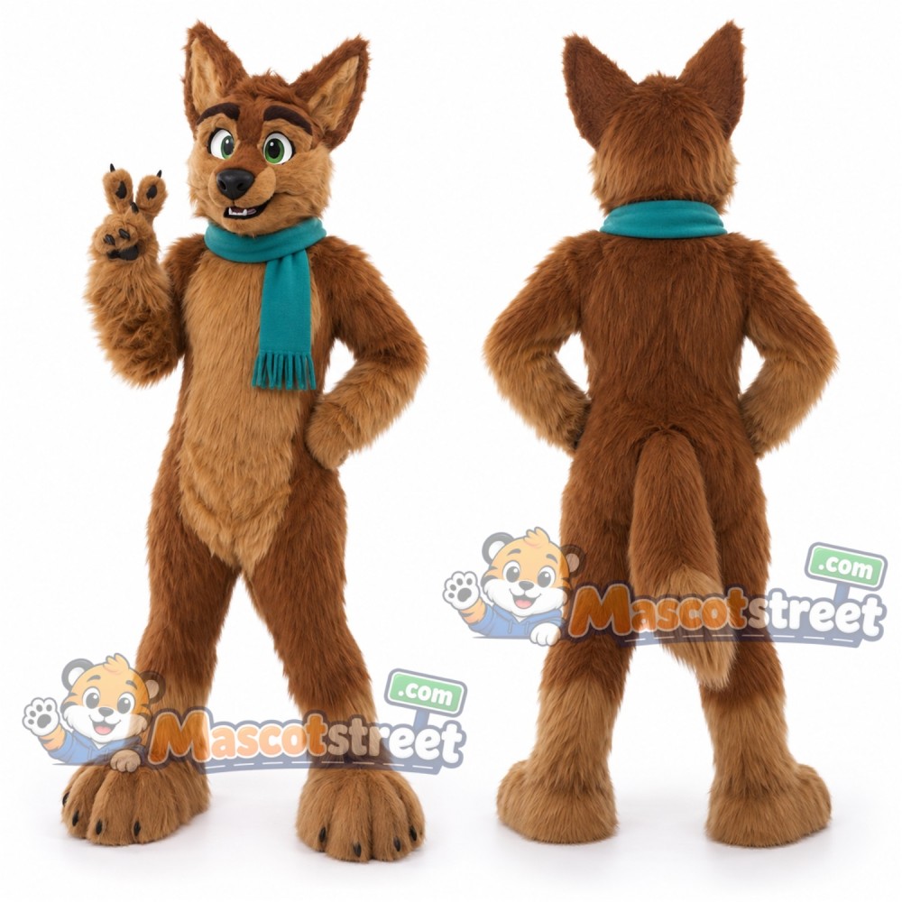 Brown Canine Mascot Costume with Teal Scarf Brown Canine Mascot Costume with Teal Scarf